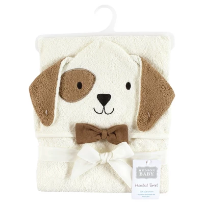 Hudson Baby Unisex Baby Cotton Animal Face Hooded Towel, Dog, One Size