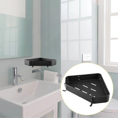 Unique Bargains Bath Corner Shower Shelves Adhesive Caddy With Hooks Drill For Bathroom 9.57"x9.57"x1.97" 2 Sets