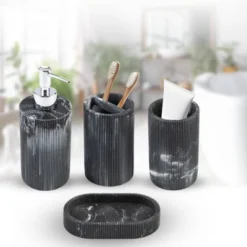 4pc Marble Resin Marble Effect Bath Accessory Set Black - KRALIX