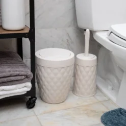 Round Wastepaper Basket And Toilet Brush Set Ivory - Mind Reader