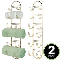 MDesign Metal Wall Mount Bath Towel Organizer Rack, 6 Shelves, 2 Pack