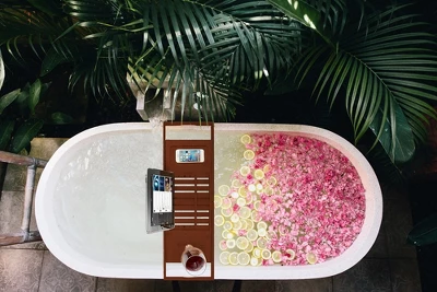 Bathtub Caddy Tray With Extendable Sides, Wine Glass Holder, Book Stand And Phone Tray, Brown By Bambusi - Image 2