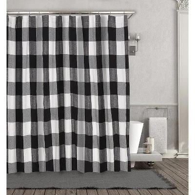 Kate Aurora Country Farmhouse Living Buffalo Plaid Checkered Black & White Fabric Shower Curtain - 72 In. W X 72 In. L