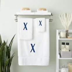 Juvale 3 Piece Letter X Monogrammed Bath Towels Set, White Cotton Bath Towel, Hand Towel, And Washcloth W Blue Embroidered Initial X For Wedding Gift