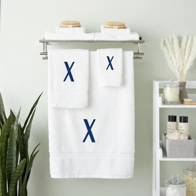 Juvale 3 Piece Letter X Monogrammed Bath Towels Set, White Cotton Bath Towel, Hand Towel, And Washcloth W Blue Embroidered Initial X For Wedding Gift