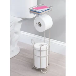 MDesign Metal Toilet Paper Holder Stand/Dispenser, Shelf, 3 Rolls