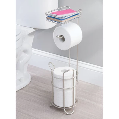 MDesign Metal Toilet Paper Holder Stand/Dispenser, Shelf, 3 Rolls