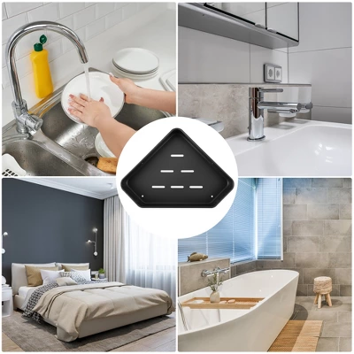 Unique Bargains Bath Corner Shower Shelves Adhesive Caddy With Hooks Drill For Bathroom 9.57"x9.57"x1.97" 2 Sets - Image 5