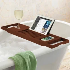 Bathtub Caddy Tray With Extendable Sides, Wine Glass Holder, Book Stand And Phone Tray, Brown By Bambusi
