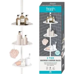 J&V TEXTILES Rustproof Shower Caddy Corner For Bathroom,Bathtub Storage Organizer For Shampoo Accessories,3 Or 4 Tier Adjustable Shelves With Tension Pole,Up To 8 Feet