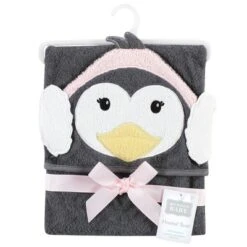 Hudson Baby Infant Girl Cotton Animal Face Hooded Towel, Earmuff Penguin, One Size