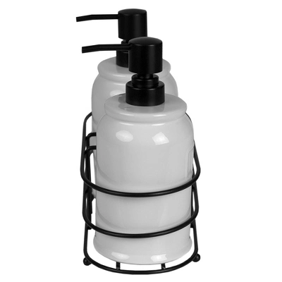 Home Basics 2 Piece Embossed Glazed Ceramic Soap Dispenser With Dual Compartment Metal Rack, White - Image 2