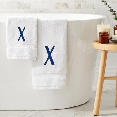 Juvale 3 Piece Letter X Monogrammed Bath Towels Set, White Cotton Bath Towel, Hand Towel, And Washcloth W Blue Embroidered Initial X For Wedding Gift - Image 2