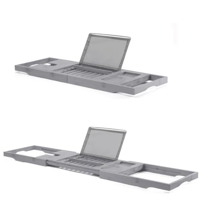 Bambusi Bathtub Caddy With Extendable Sides, Wine Glass Holder, Book Stand And Phone Tray, Gray - Image 4