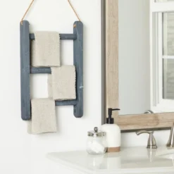 Farmlyn Creek 3-Tier Rustic-Style Hanging Towel Rack, Small Wooden Hanging Ladder Towel Racks For Bathroom With Rope, 10 X 23 In, Gray