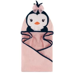 Hudson Baby Infant Girl Cotton Animal Face Hooded Towel, Miss Penguin, One Size