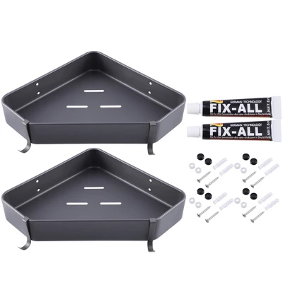 Unique Bargains Bath Corner Shower Shelves Adhesive Caddy With Hooks Drill For Bathroom 9.57"x9.57"x1.97" 2 Sets - Image 7