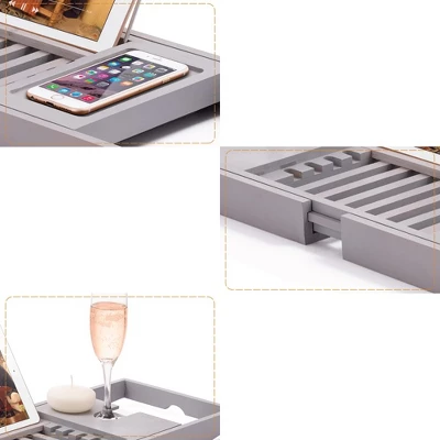 Bambusi Bathtub Caddy With Extendable Sides, Wine Glass Holder, Book Stand And Phone Tray, Gray - Image 2